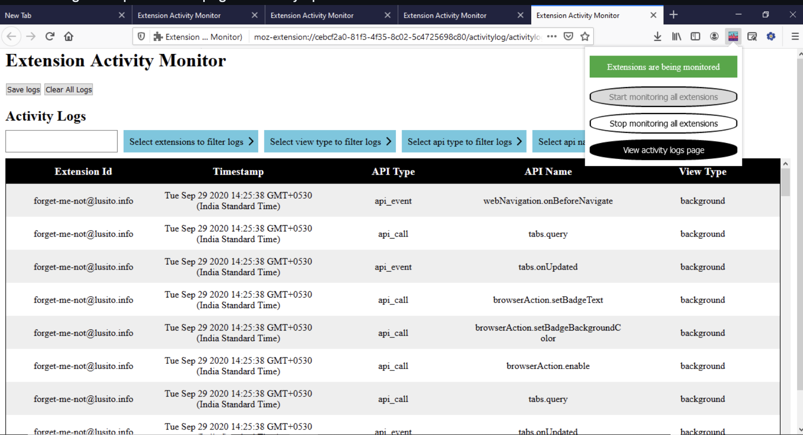 Webextension Activity Monitor